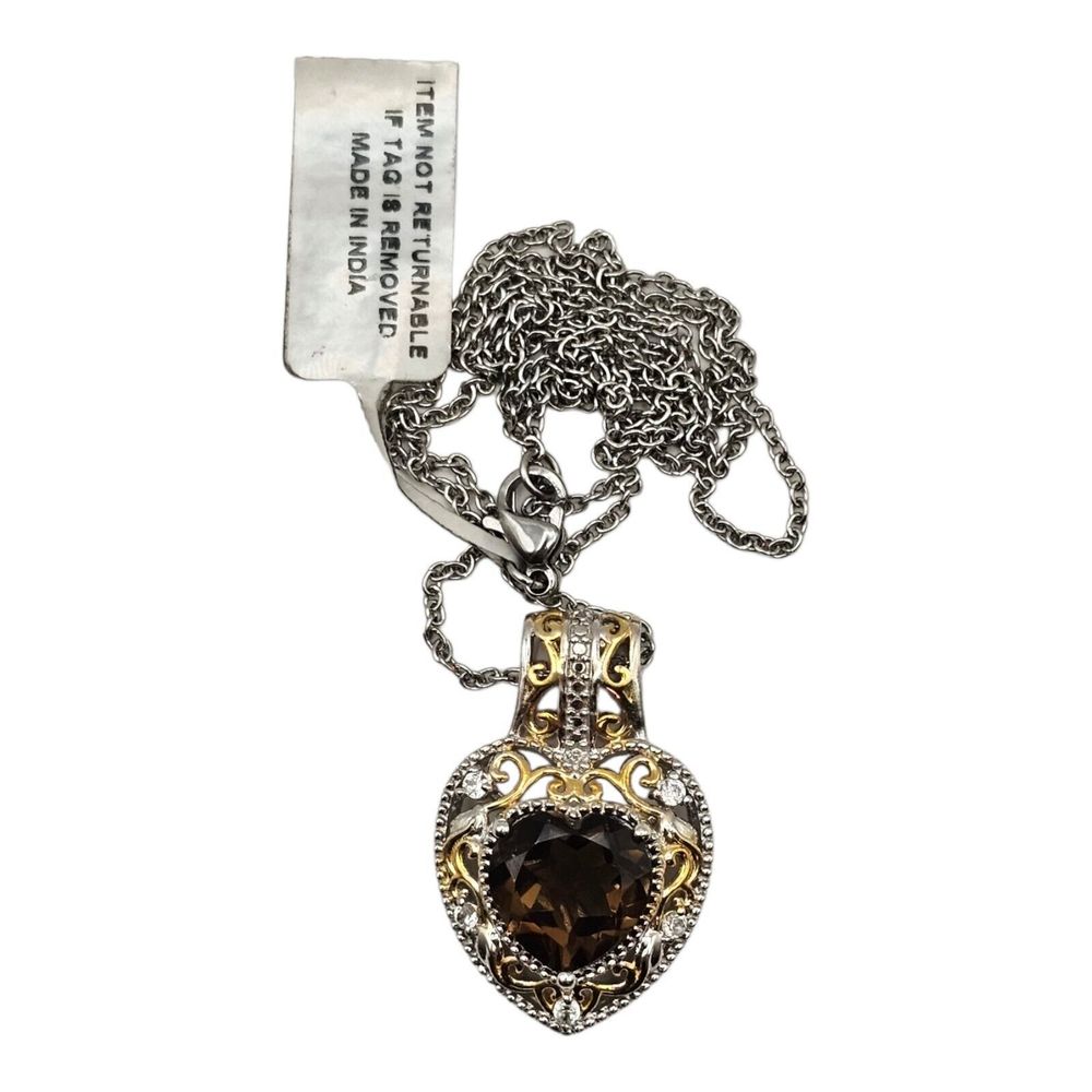 STS Karis Chuck Clemency Smokey‎ Quartz Heart Pendant Silver Gold Tone Necklace